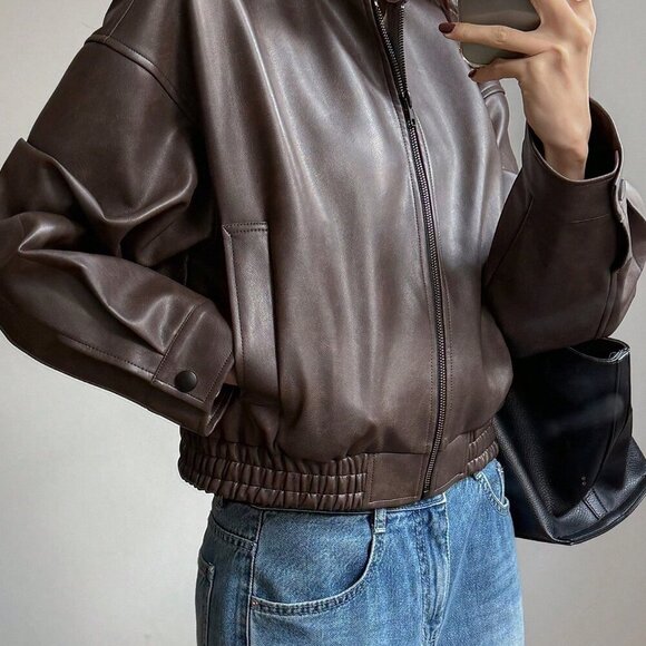 Brown Casual Womens Short faux Leather Jacket - Picture 6 of 7